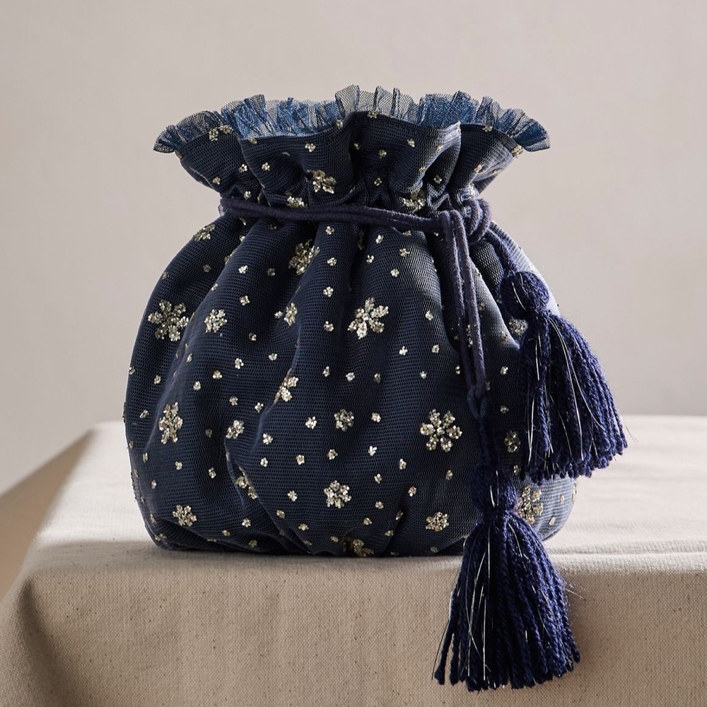 Free People Seasons Sparkle Mini Gift Sack Embroidered Pouch Bag Blue NWT NEW - Picture 2 of 12